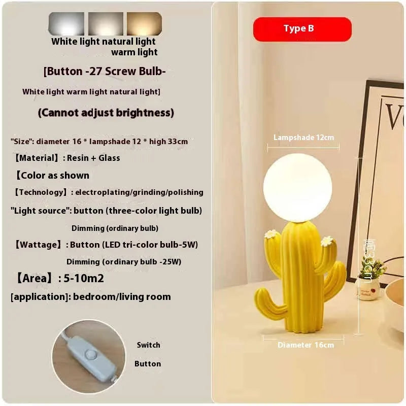 Green cactus button desk lamp with three-colour accents on a bedside table in a child's room