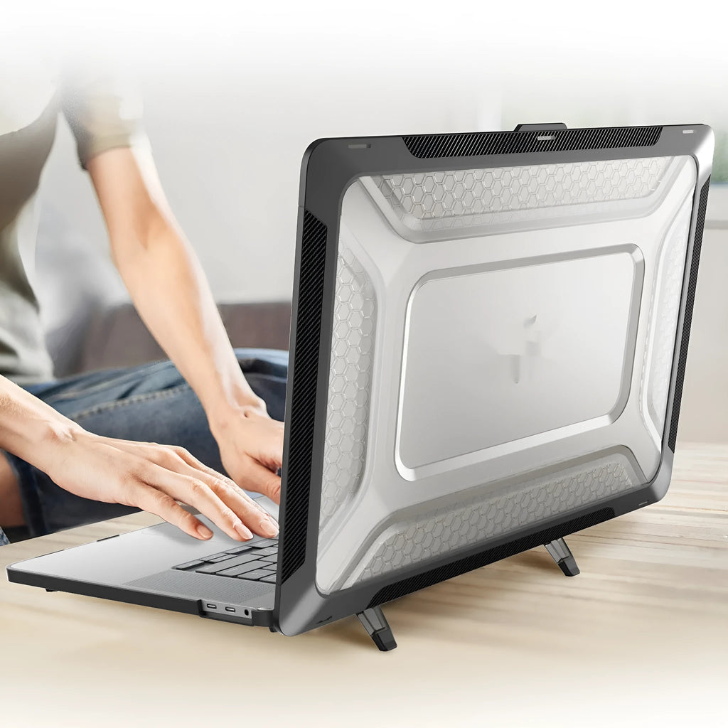 MacBook protective hard shell case in four colour options: black, grey, apricot, and blue.