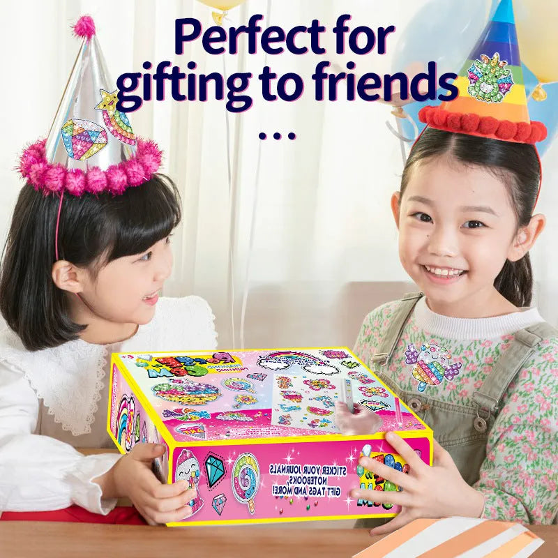 Plastic diamond sticker refrigerator magnet set in colour box with note paper, size 25x20x4.8cm