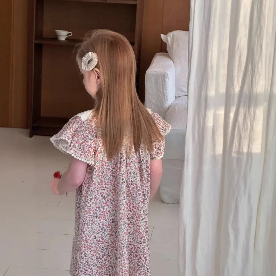 Summer cotton flounced sleeve princess dress for girls, floral pattern, A-line skirt, sizes 90-140cm