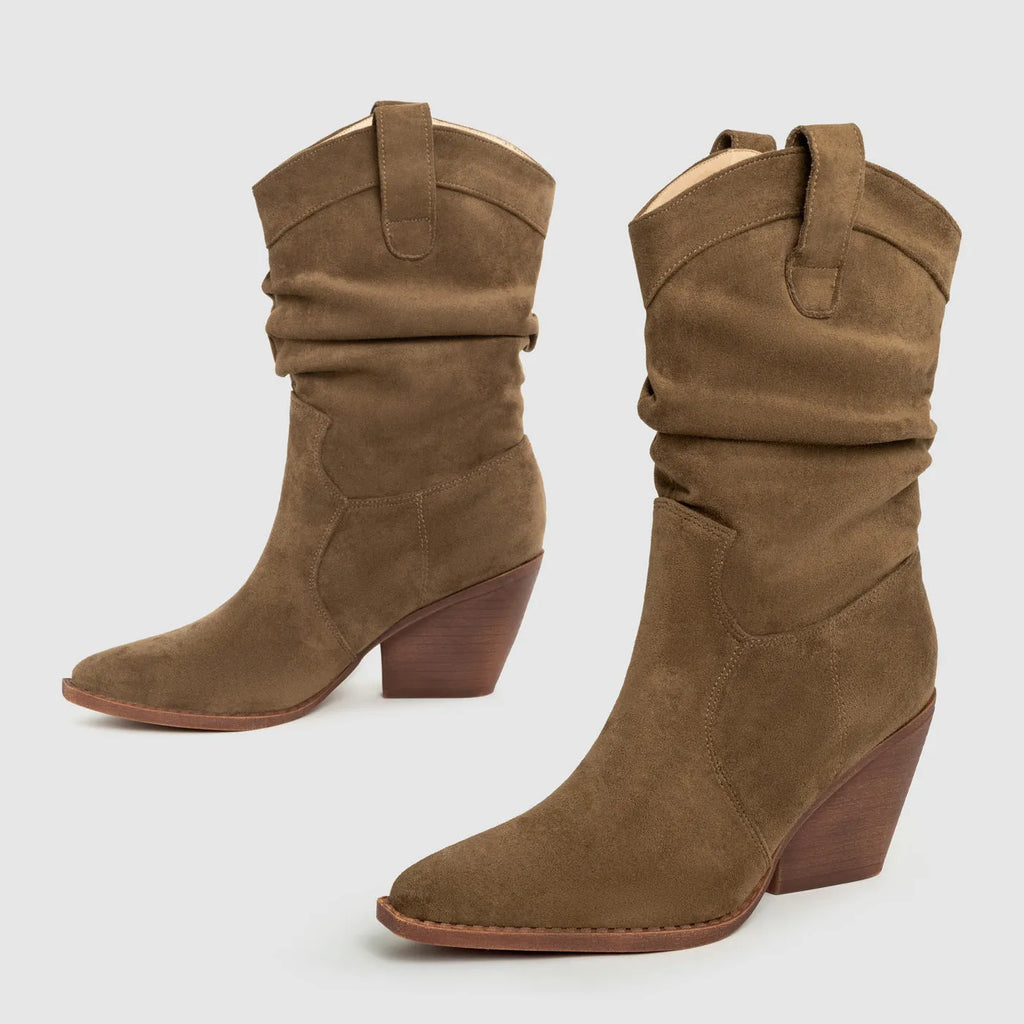 Brown thick heel women's ankle boots with pointed toe and belt buckle