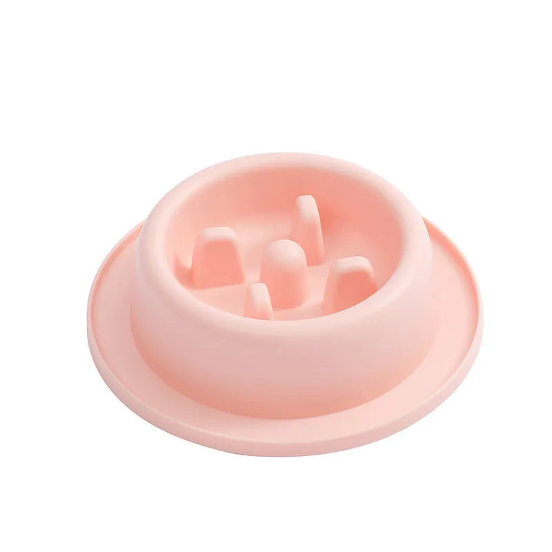 Pet slow food bowl anti-choking apparatus in pink plastic 17cm diameter with blue and green options