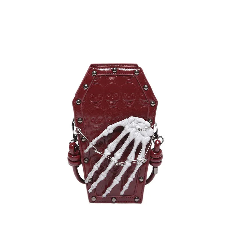 Trendy one-shoulder embossed handbag in brown with single strap and square vertical shape on white background.