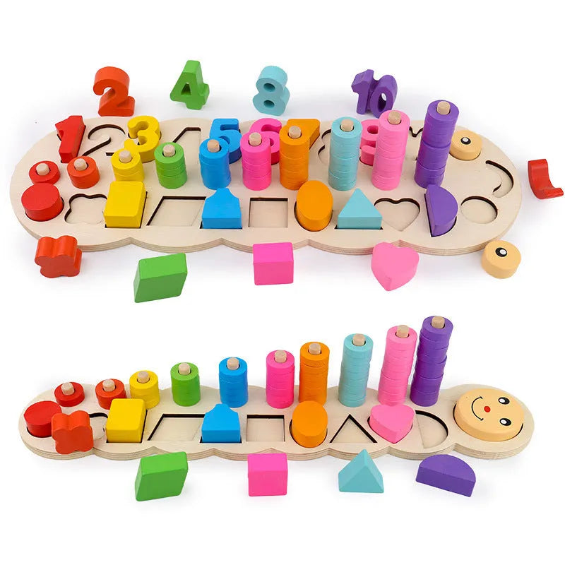 Wooden logarithmic board with colourful numbers, geometric shapes and counting beads for toddlers