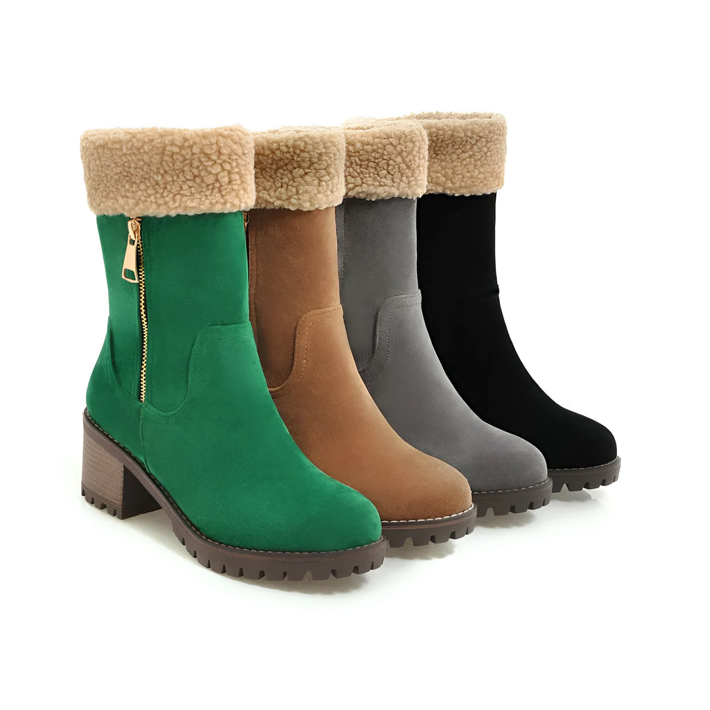 A pair of adult snow boots with plush lining, shown in one of the available colours: black, grey, green, or orange.
