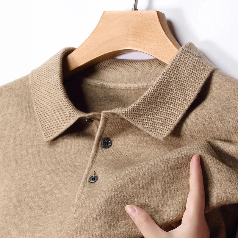 Men's winter wool lapel long sleeve sweater in camel colour, thick knit, simple style, front view