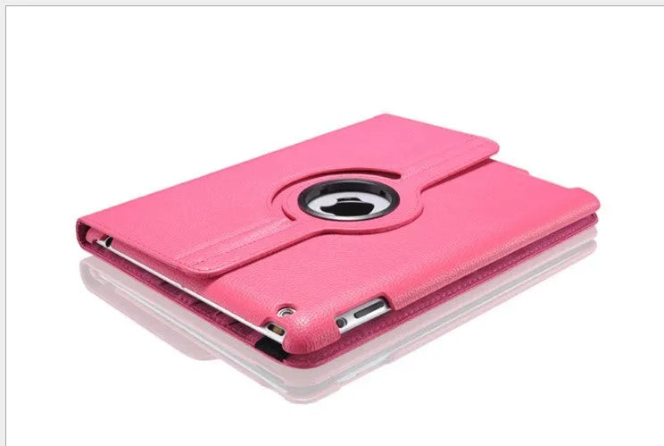 iPad rotating leather-look case in multiple colours showing 360-degree swivel function and clam shell design