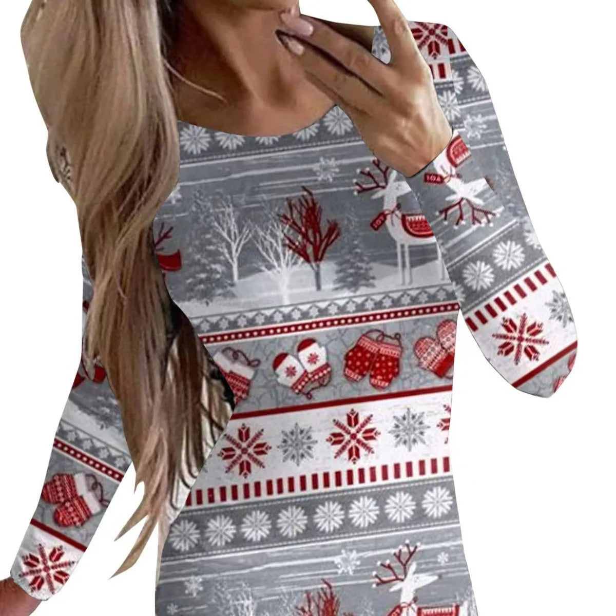 Red Christmas printed dress with floral pattern, round neck, long sleeves, tight fit and short hip skirt.