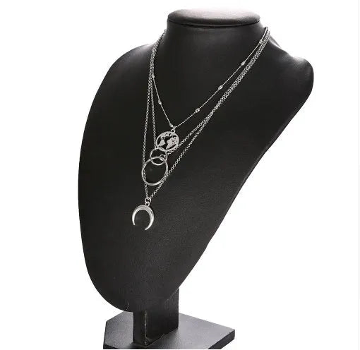 Multilayer boho moon map necklace with matching ring, alloy with electroplated gold finish