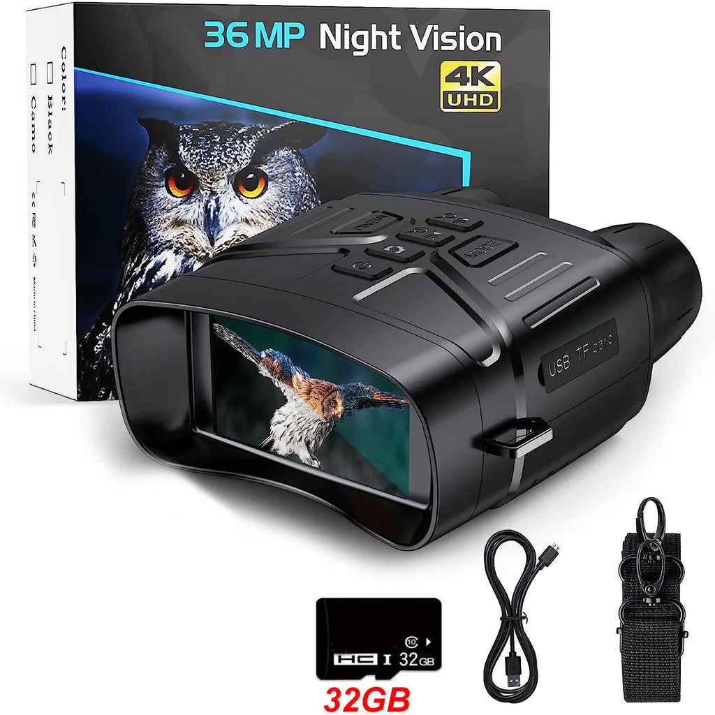 Black or camouflage 4K night vision instrument with display screen showing night vision footage.