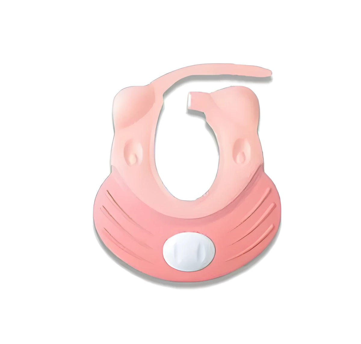 Adjustable baby shower cap in soft silicone and PP, shown in green, pink, and yellow.