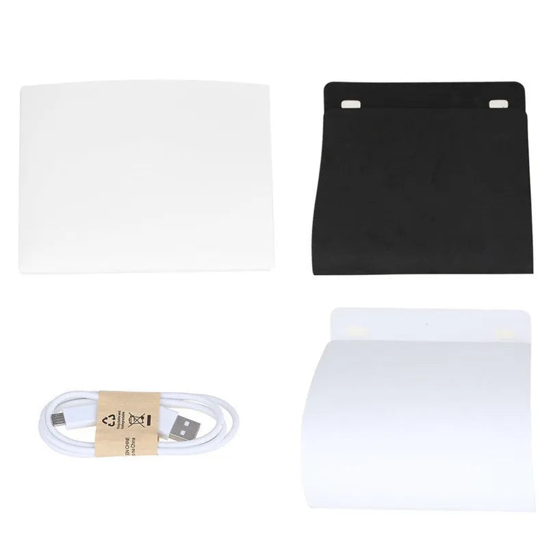 Mini folding studio set with dual LED light bar and six coloured background cloths, 40x40x40cm