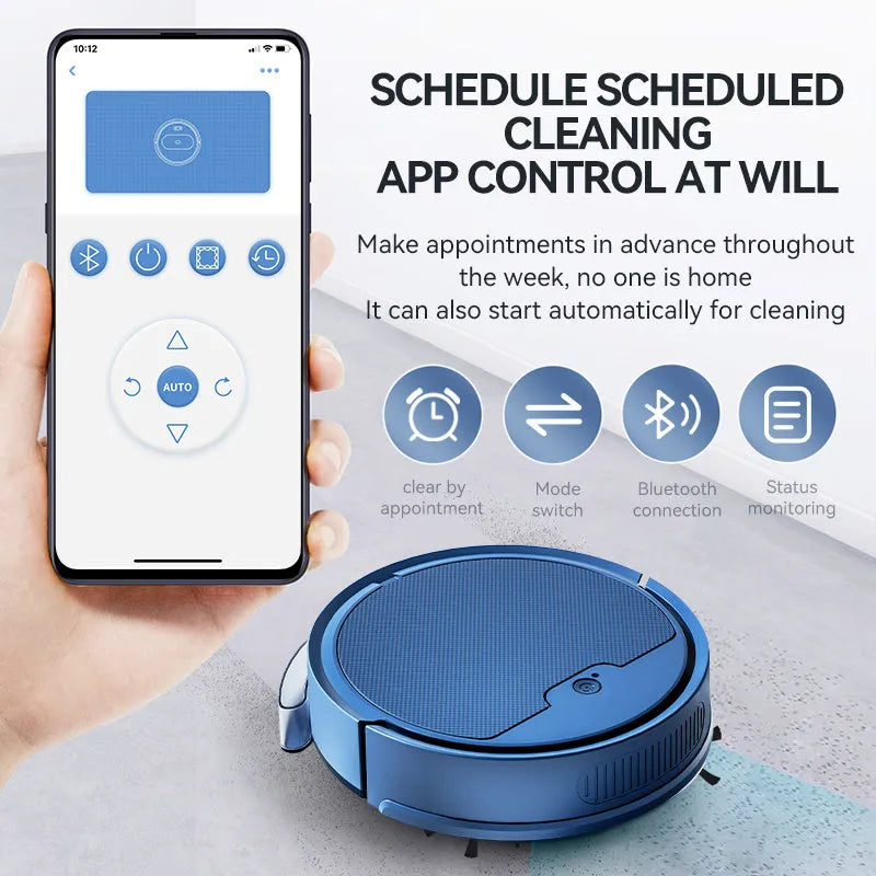 Intelligent sweeping robot with large water tank and 2000 Pa suction in black on hardwood floor