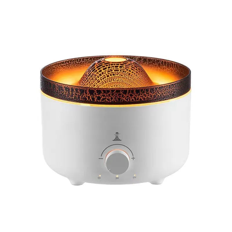 White simulated flame volcano humidifier with remote control showing orange and blue lighting effects