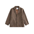 Men's casual loose plaid suit jacket in gray, front view, with polyester fabric and button closure.