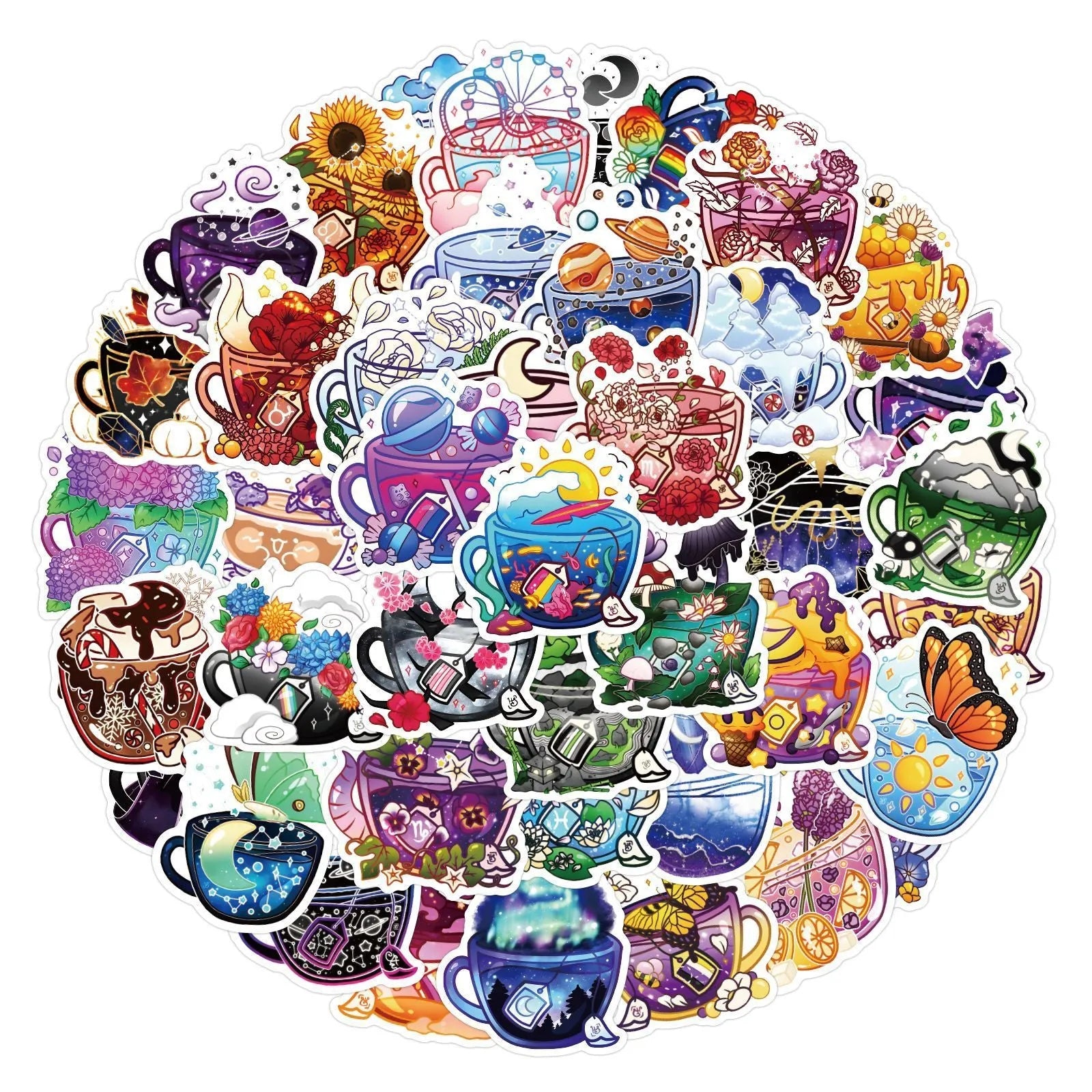 A pack of 50 colourful tea cup graffiti-style waterproof vinyl stickers on a sheet.