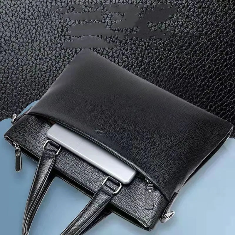 Black and brown PU leather men's messenger bag with splicing design, shown with crossbody strap.