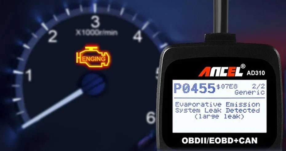Black universal OBD2 automobile fault detector with engine scanning capability
