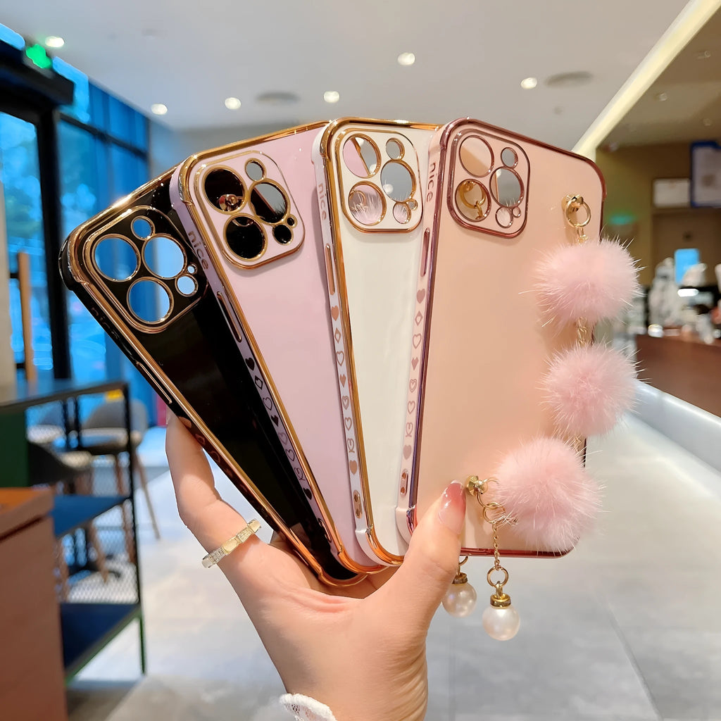 Electroplated TPU phone case with plush bracelet for iPhone, black colour, showing back and side coverage