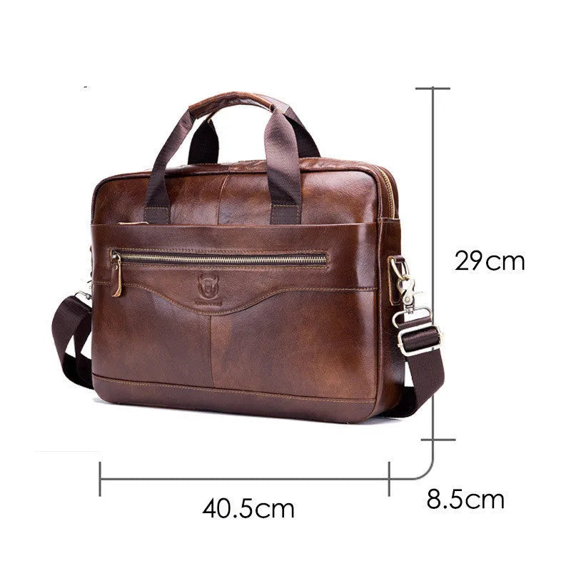 First layer cowhide leather messenger bag 14 inch multifunctional briefcase in black colour with printed casual style