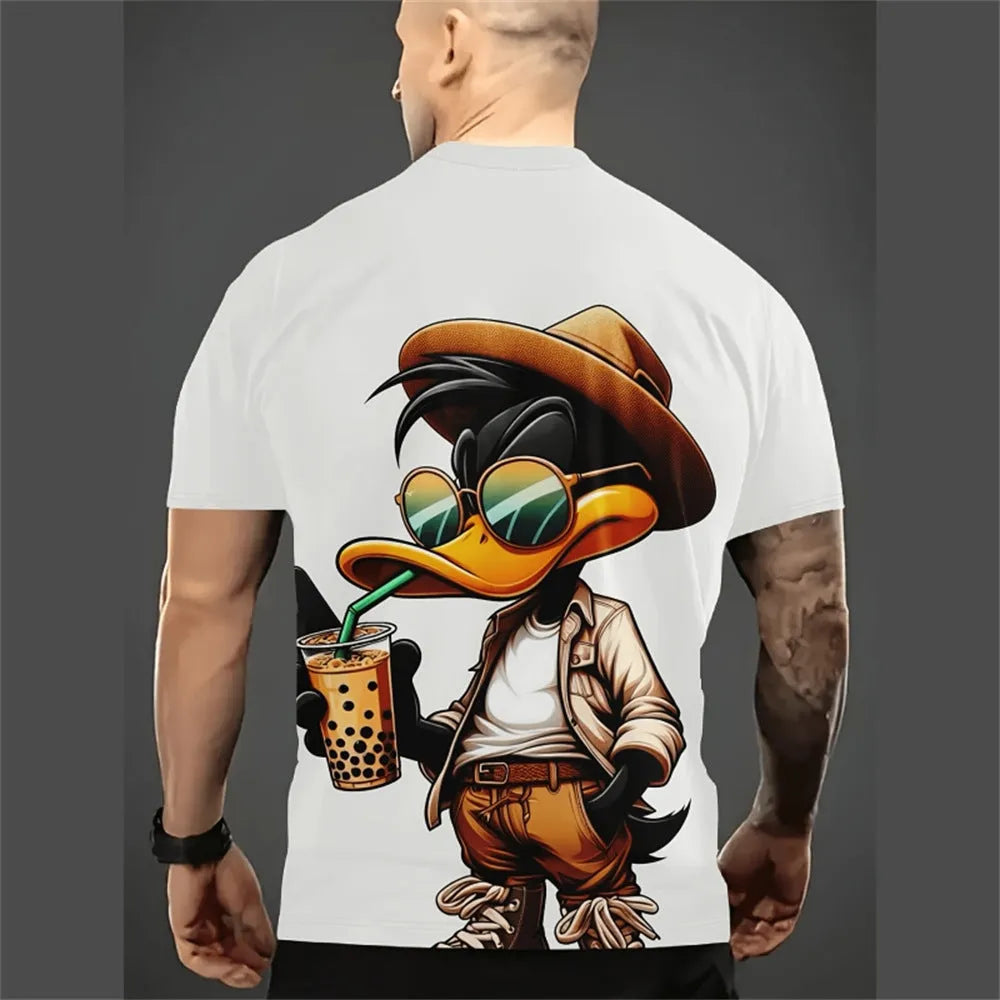 Men's loose fit T-shirt with 3D cartoon graphic print in linen-milk silk blend fabric for summer wear