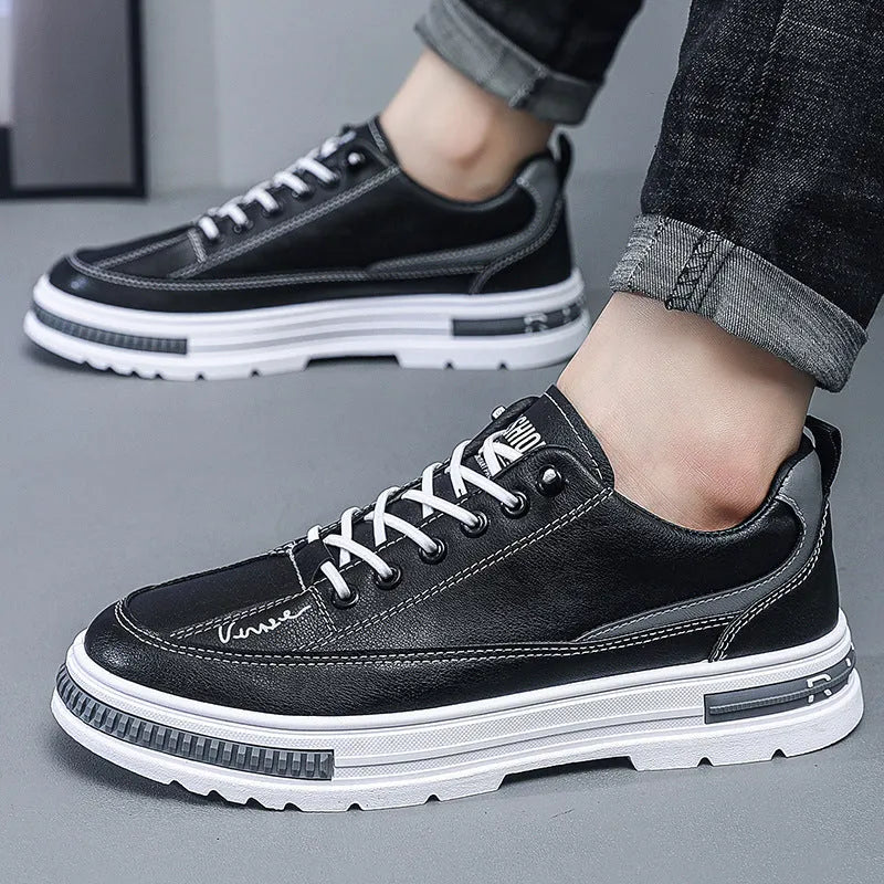 Men's black and white Korean-style low-top platform sneakers with elastic band closure and round toe.