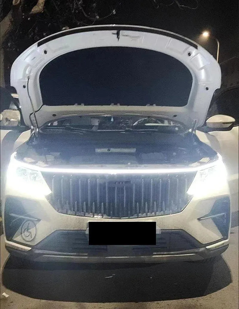Flexible silicone LED daytime running light strip shown in white, red, and ice blue colours.