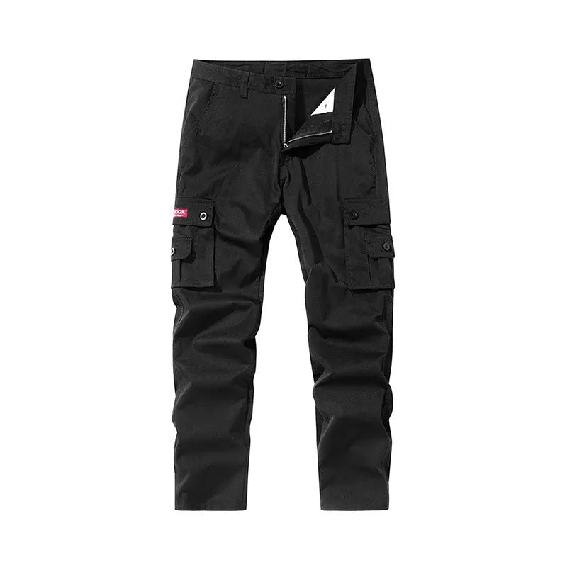 Multi-pocket cargo trousers for men, straight leg, pure cotton, drawstring waist, available in khaki, gray, black, dark blue, army green