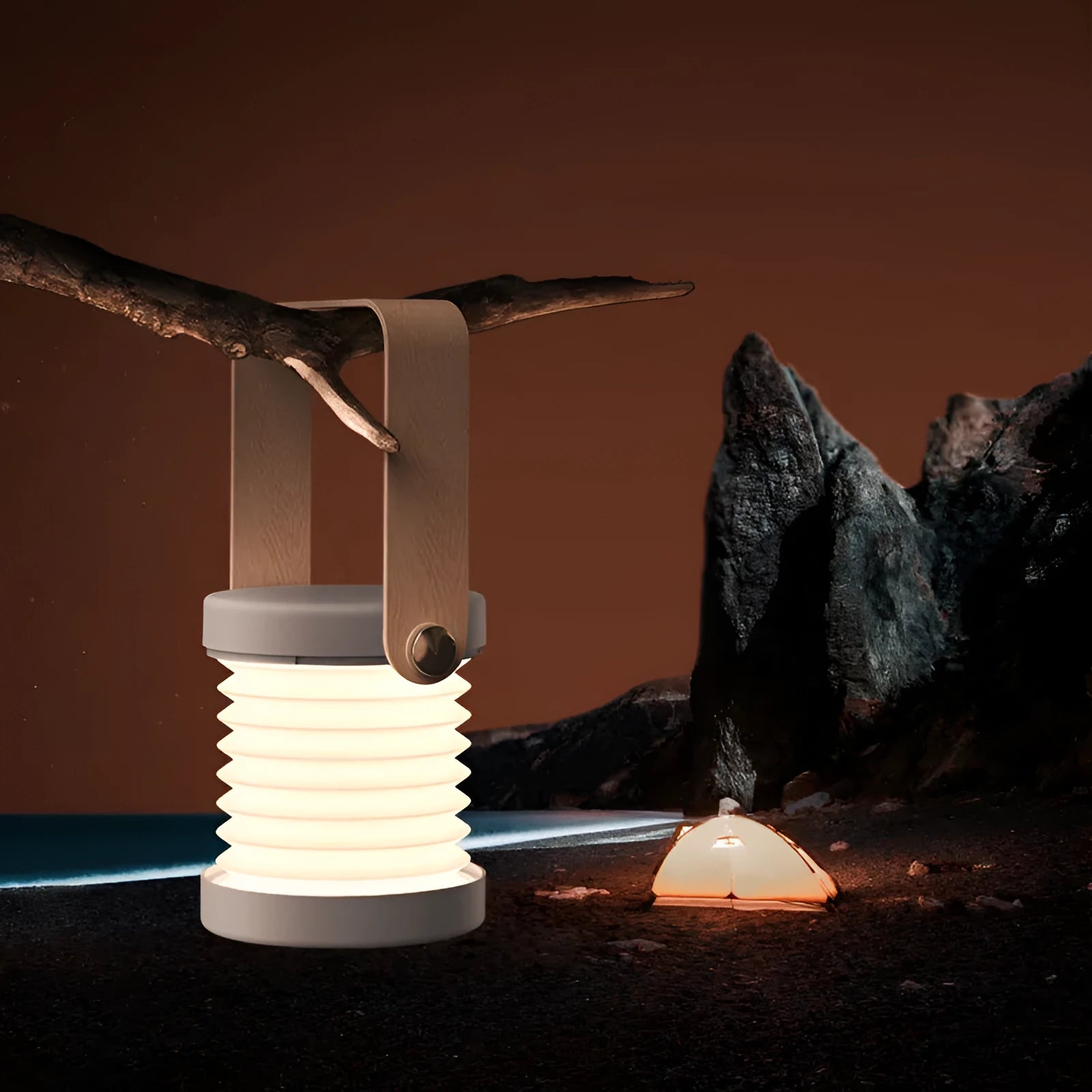 Foldable touch dimmable LED reading lamp in white showing table and lantern configurations