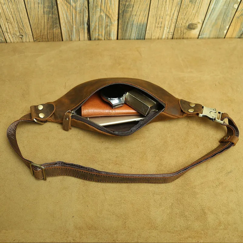 Men's retro Crazy Horse leather crossbody chest bag in first layer cowhide with sewing thread detailing, solid colour design