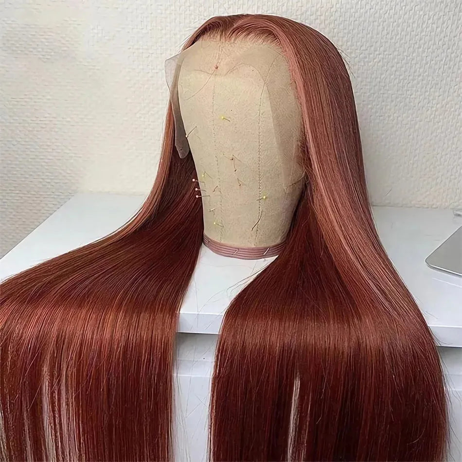 Straight 13x4 human hair lace front wig, hand woven, 150% density, 20 inch length, long straight style with side bangs.