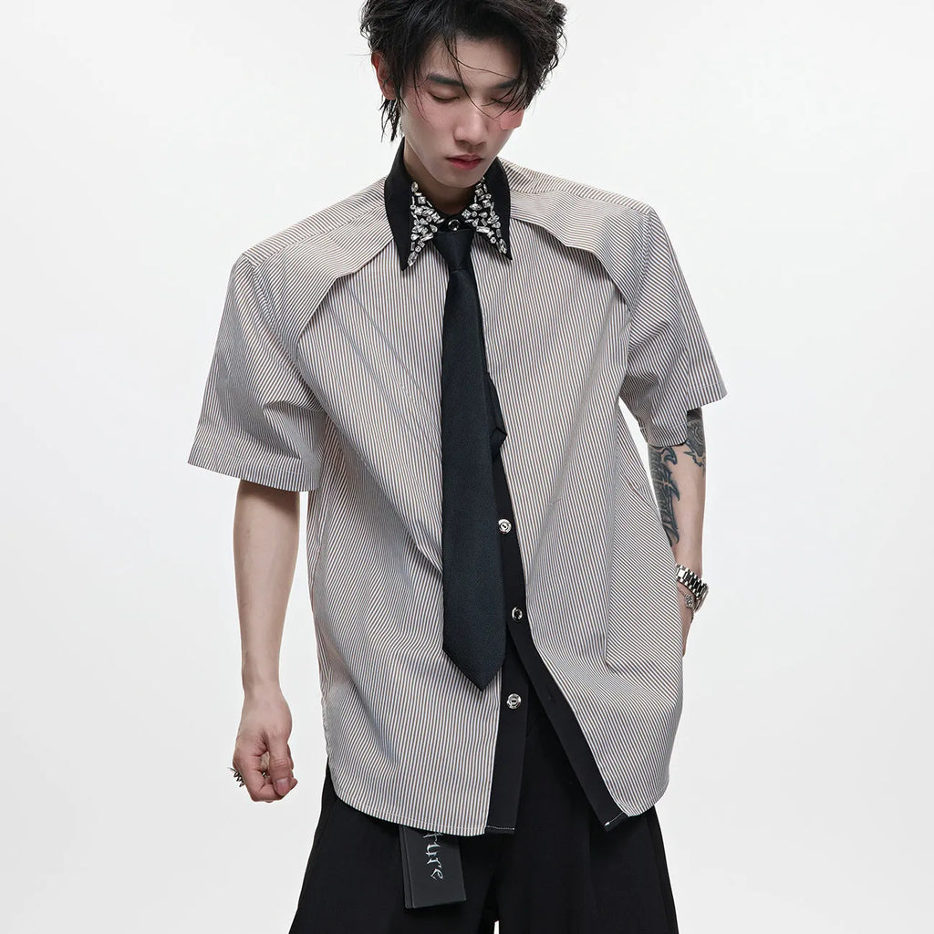 Men's blue patchwork striped shirt with diamond tie detail, loose fit, and button-down collar