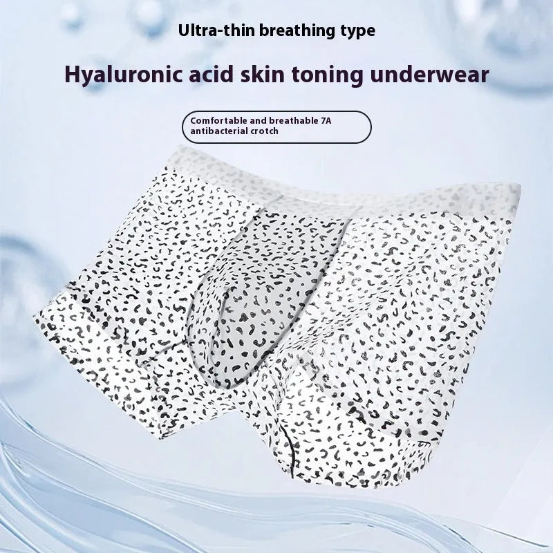 Men's black leopard print ice silk boxer shorts with a mid waist design