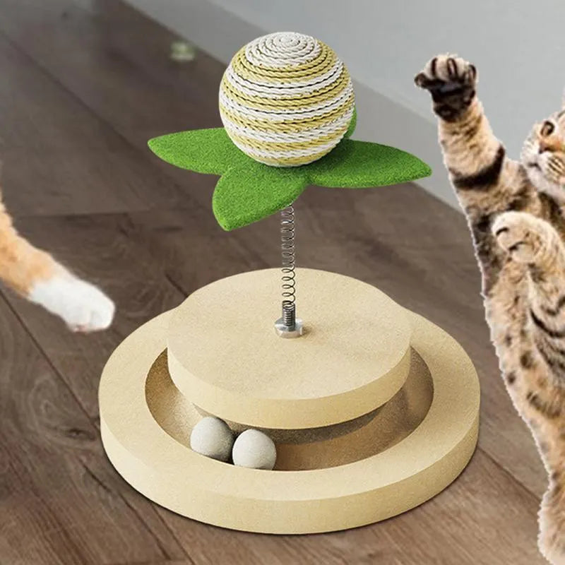 Green sisal cat scratching pad with ball track toy featuring rotating turntable design
