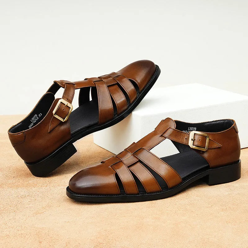 Men's leather sandals in black and brown with rubber sole, sizes 37-46