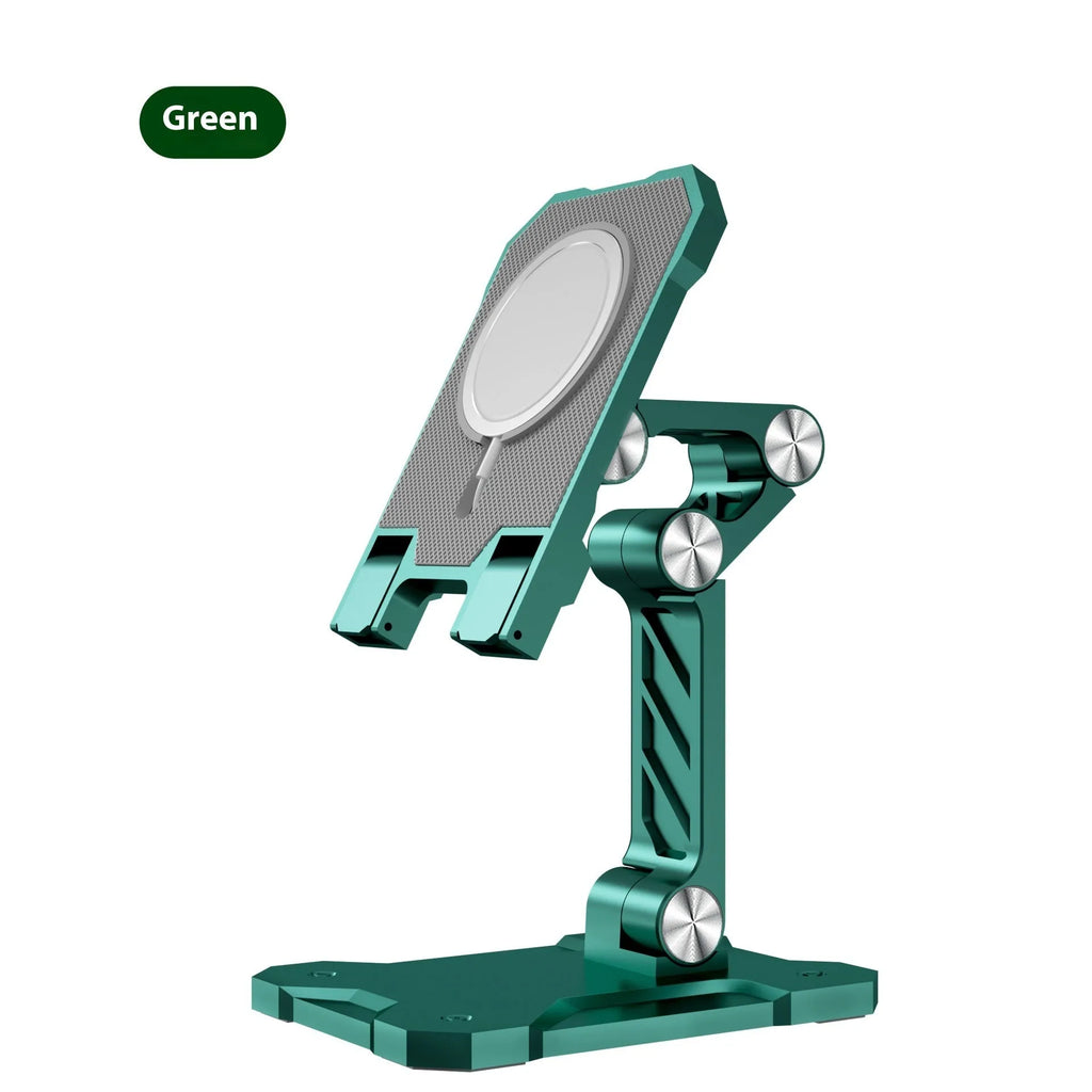 Universal metal folding phone holder in black, white or green with 360 rotating option for desk and car use