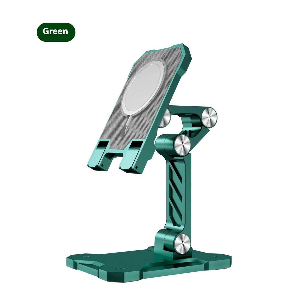 Universal metal folding phone holder in black, white or green with 360 rotating option for desk and car use