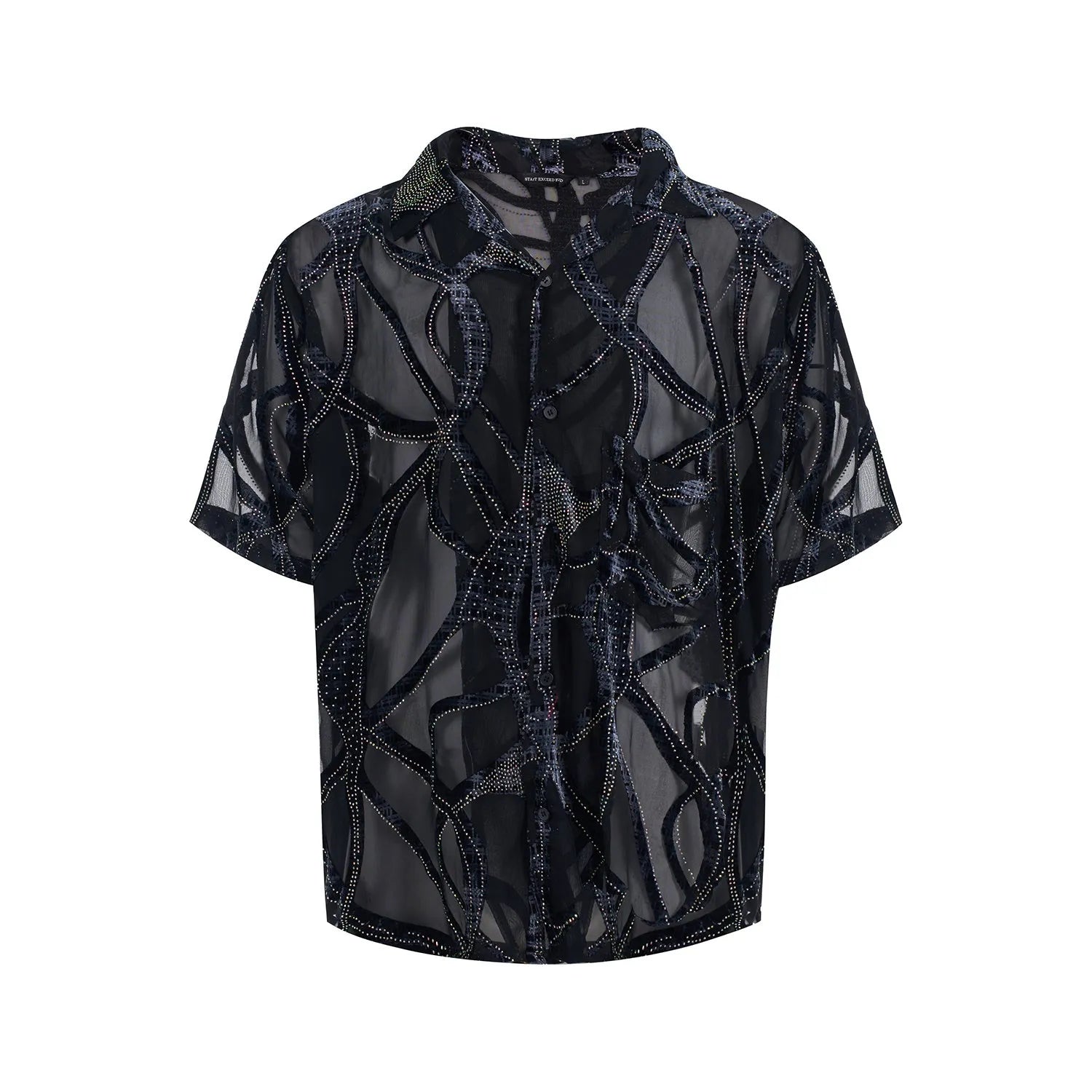 Man wearing a black and grey translucent snake pattern short-sleeved shirt with a lapel collar.