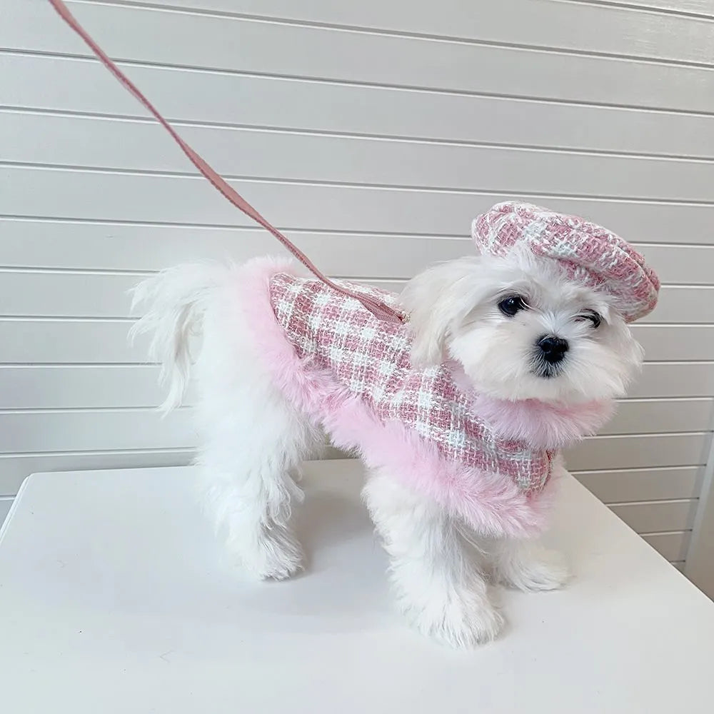 Pink cat costume cloak with matching beret and hand-held rope for female feline dress-up
