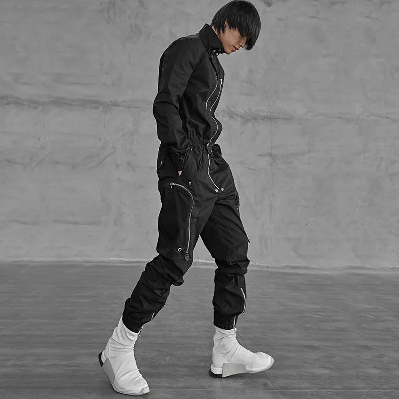 Black loose cotton cargo jumpsuit for men, mid-waist, multiple pockets, sizes 46-50