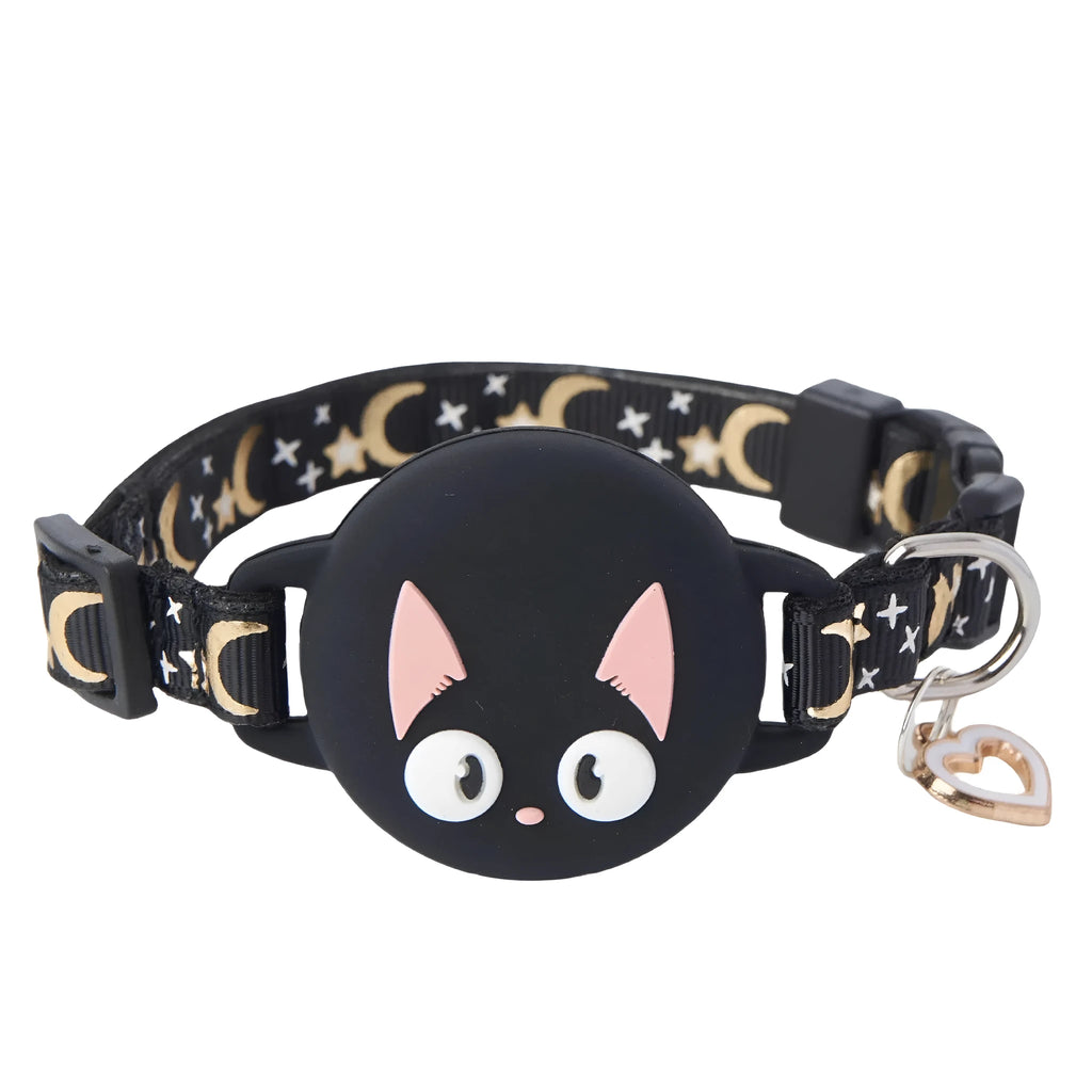 Pink plastic AirTag protective case clipped to a black cat collar, showing the snap-shut lid.