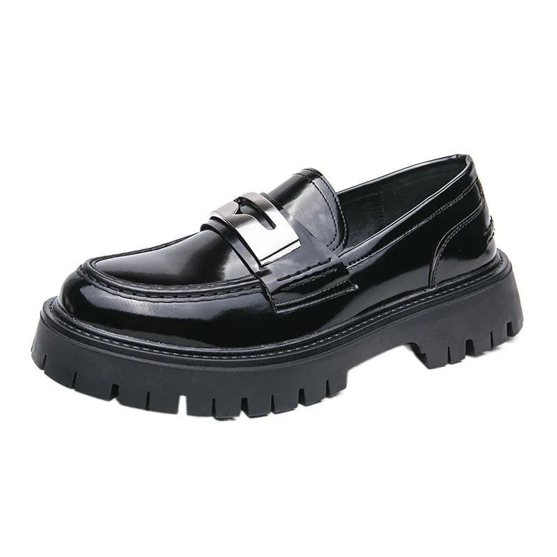 Men's glossy black loafers with hidden platform heel in PU leather for summer wear