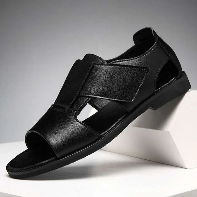 Men's black and brown leather casual sandals with open toe and rubber sole