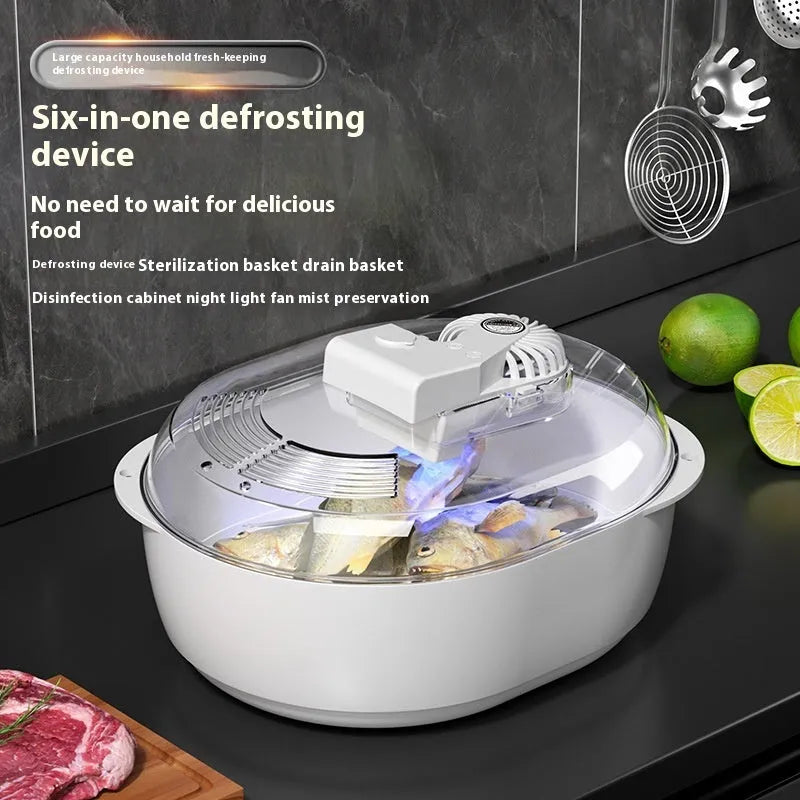 Aluminium household food defrosting plate on a kitchen countertop