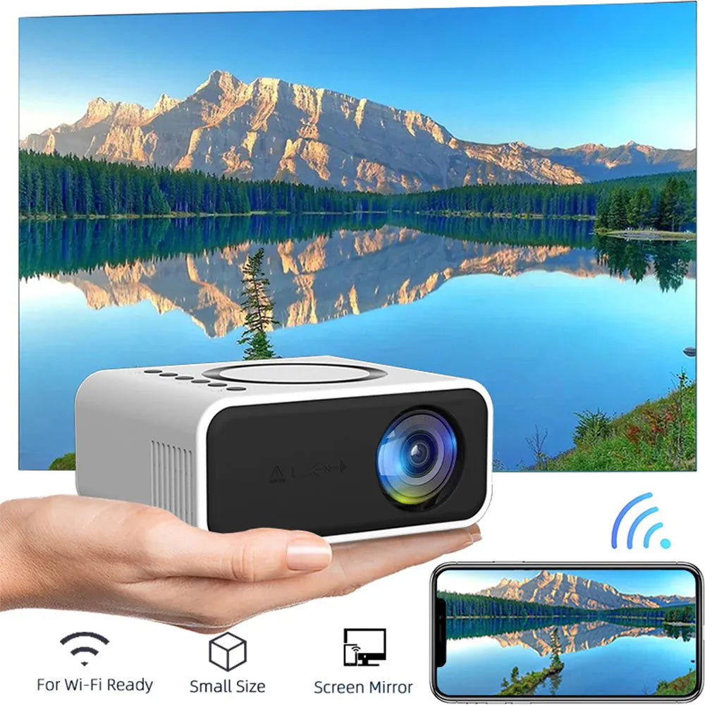 YT300 black portable mini projector with remote control on table showing projection