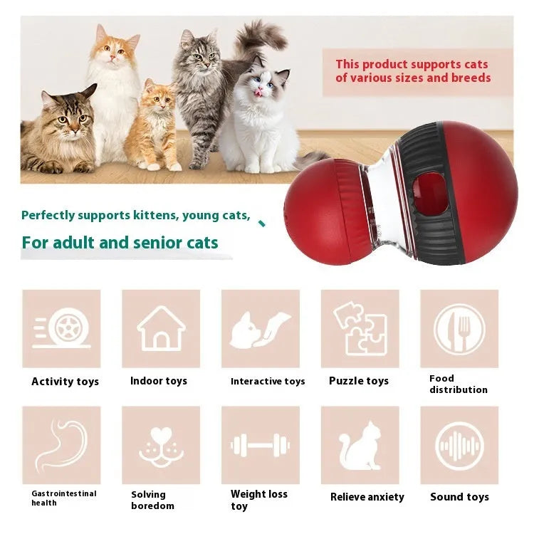 Plastic rotating cat toy with sound and food-dropping mechanism in super ball colour design.