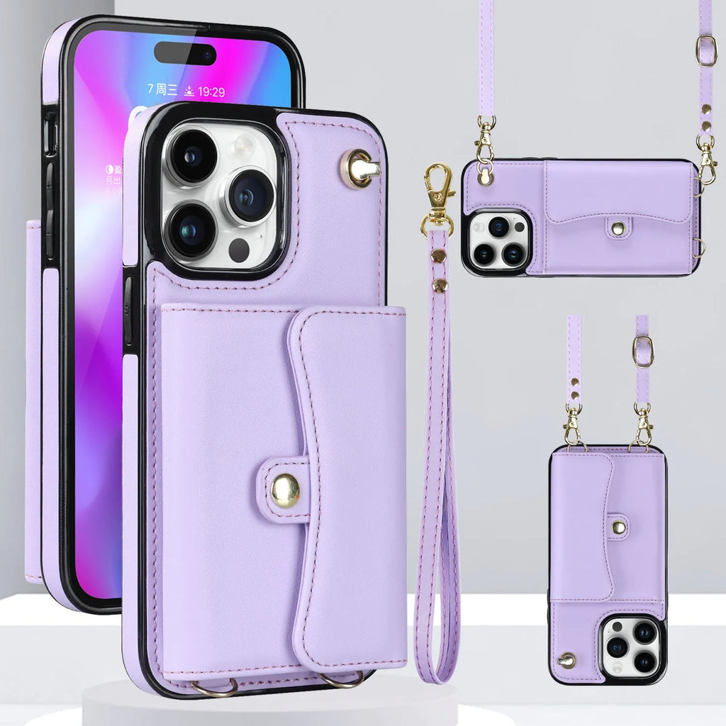 Crossbody faux leather iPhone phone case with card holder and shoulder strap, shown in black, rose gold, mint green, red, coffee and purple