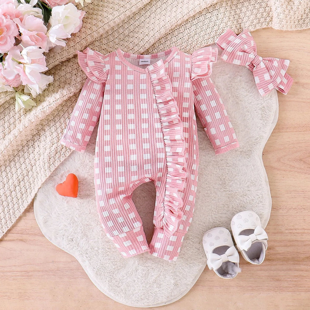 Baby girl plaid long-sleeved cotton romper in white, newborn to 9 months