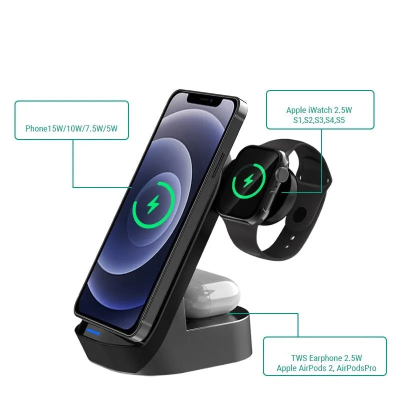 Space grey foldable 3-in-1 wireless charger stand with phone, smartwatch, and earbuds case charging simultaneously.