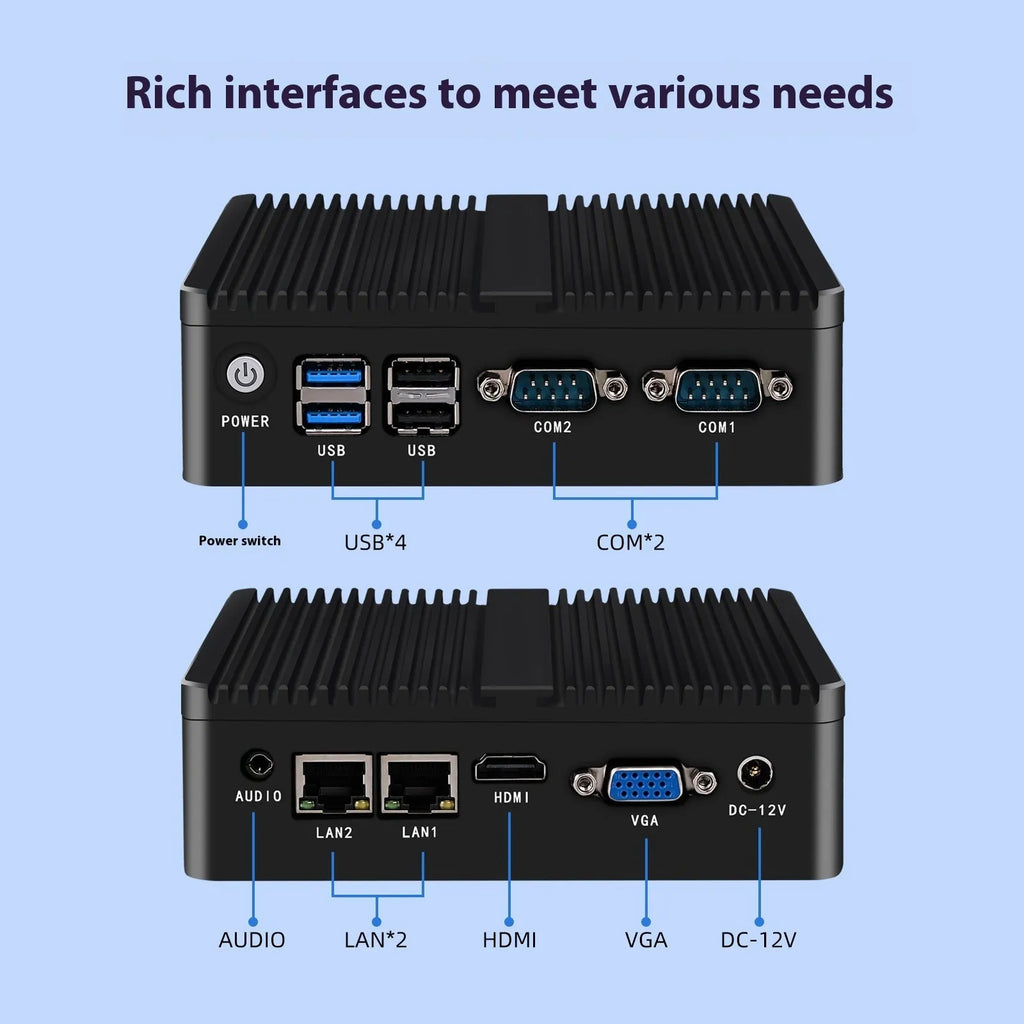 Industrial fanless microcomputer with dual network ports and compact aluminium chassis